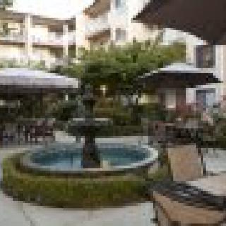 A tranquil courtyard with a central fountain, surrounded by outdoor seating and garden areas.