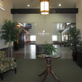 A lobby area with seating, plants, and a central table under a hanging light.