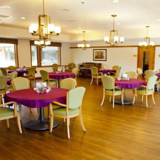 A bright and spacious dining room with round tables covered in purple tablecloths, surrounded by green chairs and illuminated by elegant chandeliers.