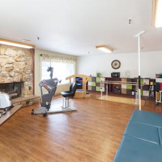 A spacious home gym featuring exercise equipment and a cozy fireplace.