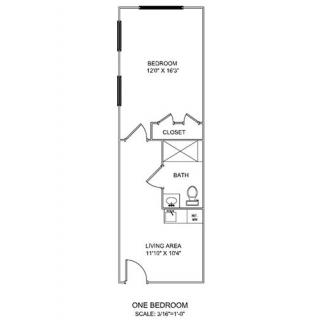 One-bedroom apartment floor plan with living area, closet, and bathroom.