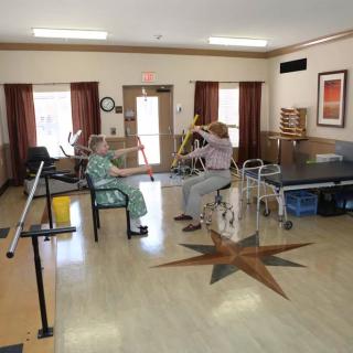 Elderly individuals engaging in physical therapy exercises in a rehabilitation center.