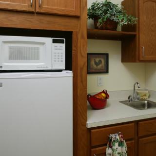 A small kitchen area with a microwave, refrigerator, and sink.