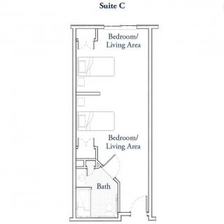 Floor plan of Suite C depicting two bedroom/living areas and a bath.