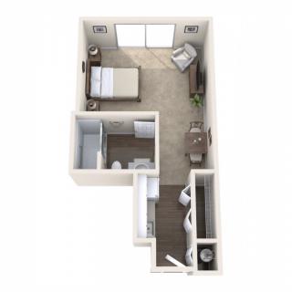 1-bedroom apartment floor plan with a compact and efficient layout.