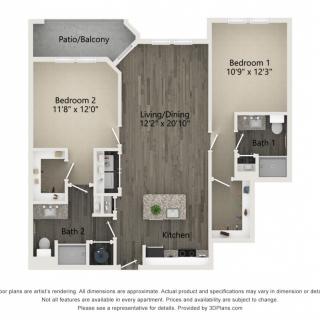 A floor plan of a two-bedroom apartment showing the layout with dimensions for each room.