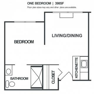 A one-bedroom apartment floor plan with a living/dining area, kitchenette, bathroom, and closet.