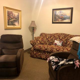 Cozy living room with a patterned sofa, armchair, and decorative paintings.