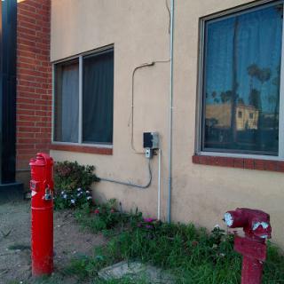 An exterior view of a building featuring fire hydrants and adjacent windows.