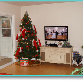 A cozy living room decorated for the holidays with a Christmas tree and a television displaying a dance scene.