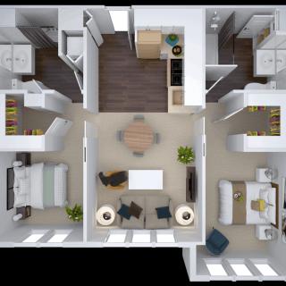A detailed floor plan of a two-bedroom apartment with a central living area and kitchen.