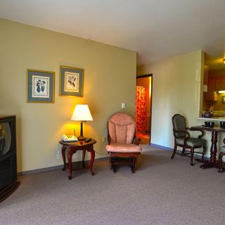 A cozy living room with a vintage chair, lamp, and classic TV setup.