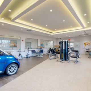 A modern exercise and therapy space featuring workout equipment and a blue car.