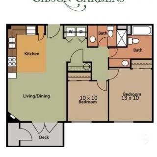 A floor plan of a two-bedroom apartment with kitchen, living/dining area, and two bathrooms.