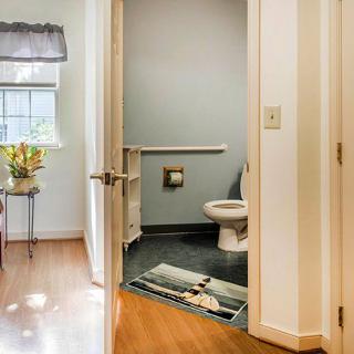A view into a small bathroom with an open door, showcasing a toilet and decorative elements.
