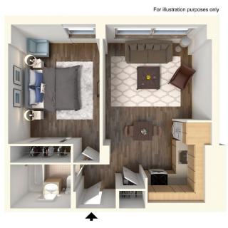A cozy apartment floor plan featuring a bedroom, living room, and kitchen area.