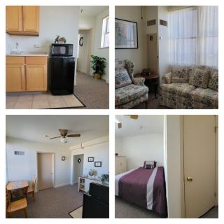 A collage of an apartment interior showcasing the kitchen, living room, and bedroom areas.