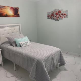 A minimalist bedroom featuring a single bed with gray bedding, accent pillows, and wall art.