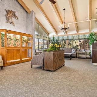 A modern waiting area with comfortable seating, plants, and a chandelier.