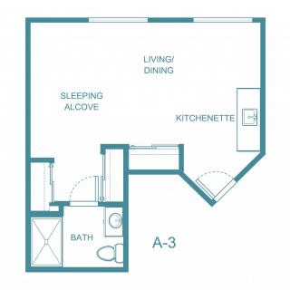 Studio apartment floor plan with a kitchenette and sleeping alcove.