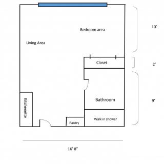 This image shows a floor plan layout with specified areas for living, bedroom, closet, and bathroom.