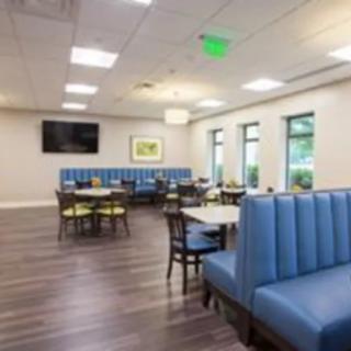 A modern cafeteria with blue booth seating and tables, featuring large windows for natural light.