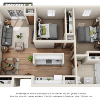 3D floor plan of a two-bedroom apartment, showcasing the arrangement of rooms including a living area, kitchen, and bathroom.