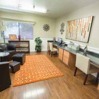 A modern office space showcasing a blend of comfort and style, featuring contemporary furniture and decor.