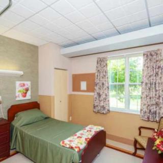 A cozy, well-lit single bedroom with a green bedspread, floral curtains, and a window offering a view of greenery.