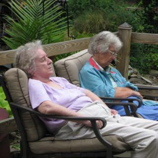 Two elderly individuals relaxing outdoors in a garden setting, seated on cushioned chairs.