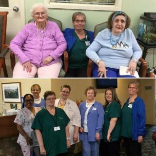 Elderly residents with caregivers at a nursing home.