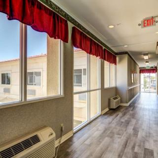 A brightly lit hallway with large windows, red curtains, and wood flooring.
