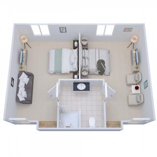 A 3D floor plan featuring a bedroom with two beds, showcasing furniture arrangement and interior design.