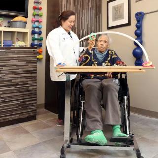 A healthcare professional assists an elderly person in a wheelchair during a rehabilitation session.