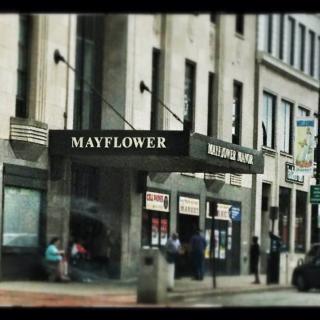 Street view of the Mayflower hotel entrance in the city.