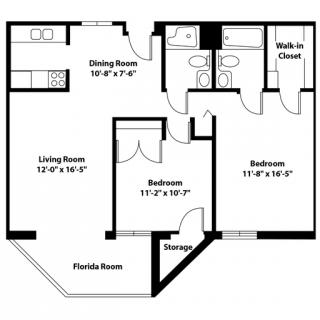 A floor plan of a two-bedroom apartment featuring a living room, dining room, two bathrooms, a walk-in closet, and a Florida room.