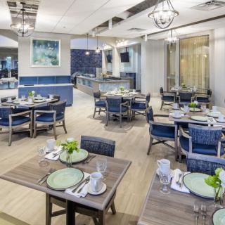 A beautifully set restaurant dining area with neatly arranged tables and chairs, creating an elegant ambiance.