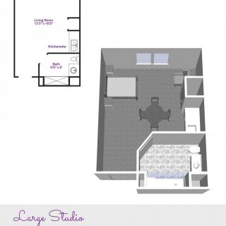 3D floor plan of a studio apartment showing furniture layout and room arrangement.