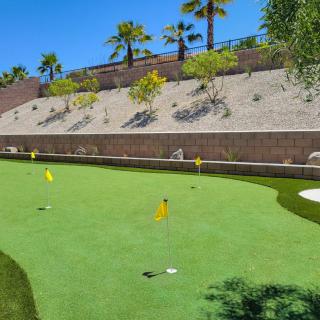 A well-maintained outdoor putting green surrounded by palm trees and desert landscaping.
