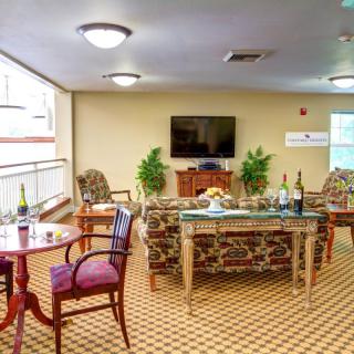 A cozy living room with seating arrangements, a television, and decorative plants.