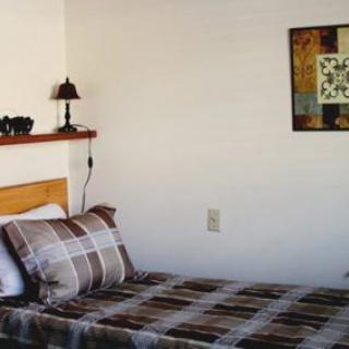 A neatly arranged single bed with checkered bedding, a decorative lamp on a shelf, and framed artwork on the wall.
