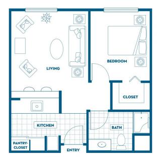 A floor plan of a one-bedroom apartment with labeled kitchen, living room, bathroom, and closet.