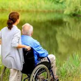 A caregiver and an elderly person in a wheelchair enjoying a scenic view by the water.