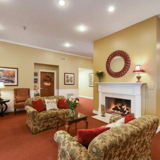 A cozy living room featuring a warm fireplace, patterned sofas, and elegant decor.