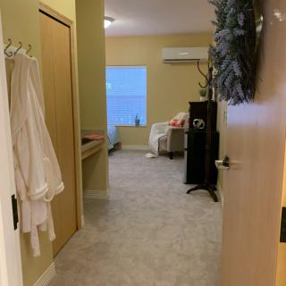 A cozy apartment hallway featuring a carpeted floor and home decor.