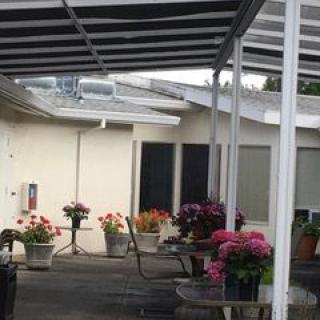 A charming patio area with potted flowers under a covered roof.