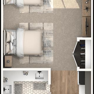 A top-down view of a modern bedroom floor plan featuring twin beds, a carpeted area, and an adjoining bathroom.