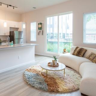 A bright and modern living room with an open concept kitchen, featuring a cozy seating area and abundant natural light.
