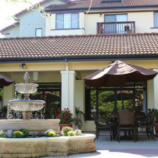 A tranquil outdoor patio area with a fountain and seating under large umbrellas.