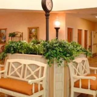 A cozy lobby area with benches, a clock, and decorative plants.